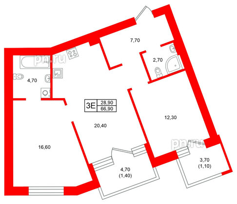 Квартира в ЖК Морена, 2 комнатная, 66.9 м², 1 этаж