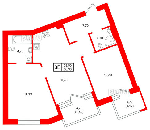 Квартира в ЖК Морена, 2 комнатная, 66.9 м², 3 этаж