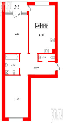 Квартира в ЖК Морена, 2 комнатная, 76.8 м², 1 этаж