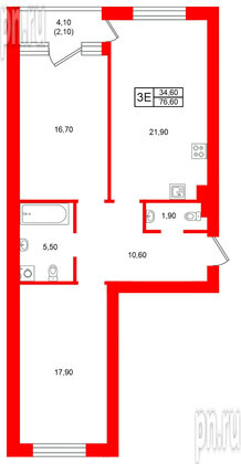 Квартира в ЖК Морена, 2 комнатная, 76.6 м², 5 этаж