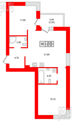 Квартира в ЖК Морена, 2 комнатная, 62.5 м², 3 этаж