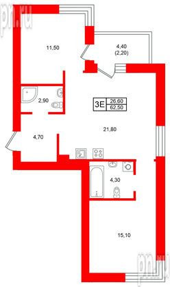Квартира в ЖК Морена, 2 комнатная, 62.5 м², 5 этаж