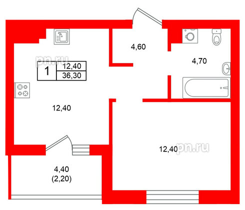Квартира в ЖК Морена, 1 комнатная, 36.3 м², 5 этаж