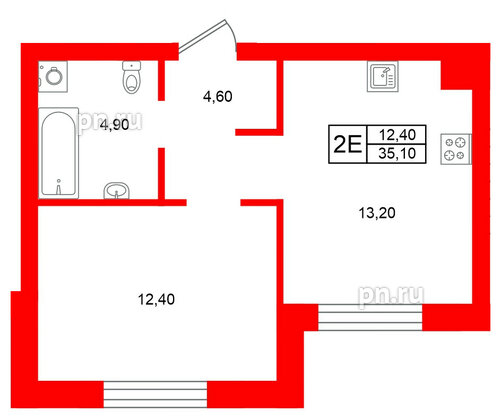 Квартира в ЖК Морена, 1 комнатная, 35.1 м², 1 этаж