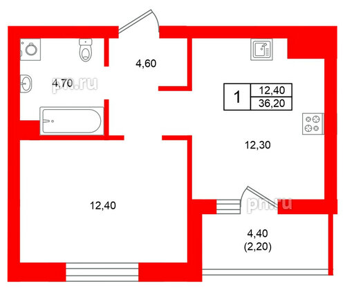 Квартира в ЖК Морена, 1 комнатная, 36.2 м², 4 этаж