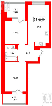 Квартира в ЖК Морена, 2 комнатная, 55 м², 4 этаж