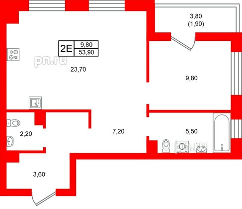 Квартира в ЖК Морена, 1 комнатная, 53.9 м², 4 этаж