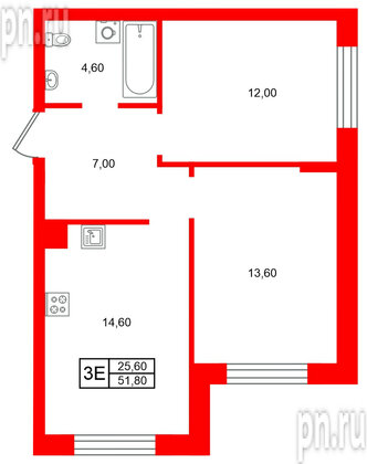 Квартира в ЖК Морена, 2 комнатная, 51.8 м², 1 этаж