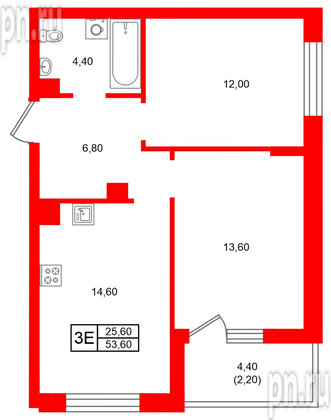 Квартира в ЖК Морена, 2 комнатная, 53.6 м², 2 этаж