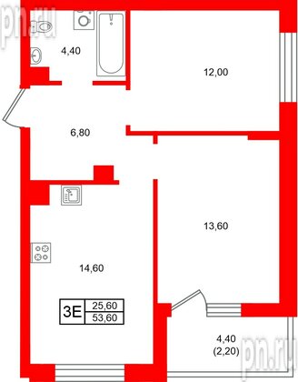 Квартира в ЖК Морена, 2 комнатная, 53.6 м², 4 этаж