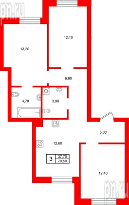 Квартира в ЖК Морена, 3 комнатная, 70.5 м², 1 этаж