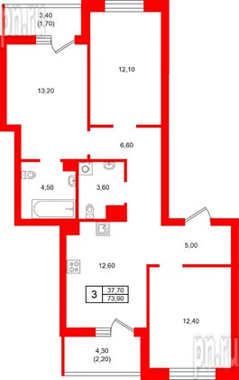 Квартира в ЖК Морена, 3 комнатная, 73.9 м², 2 этаж