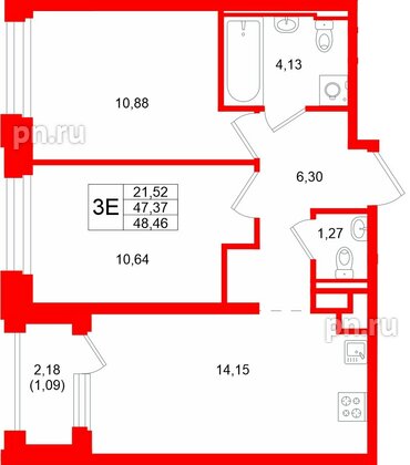 Квартира в ЖК «Кольский», 2 комнатная, 48.46 м², 3 этаж