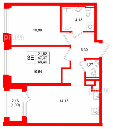 Квартира в ЖК «Кольский», 2 комнатная, 48.46 м², 7 этаж