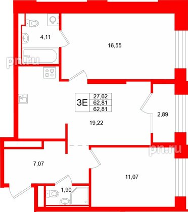 Квартира в ЖК «Кольский», 2 комнатная, 62.81 м², 3 этаж