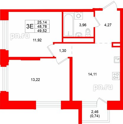 Квартира в ЖК «Кольский», 2 комнатная, 49.52 м², 9 этаж