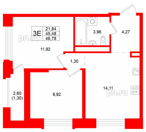 Квартира в ЖК GloraX Кольский, 2 комнатная, 46.78 м², 11 этаж