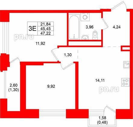 Квартира в ЖК «Кольский», 2 комнатная, 47.22 м², 15 этаж