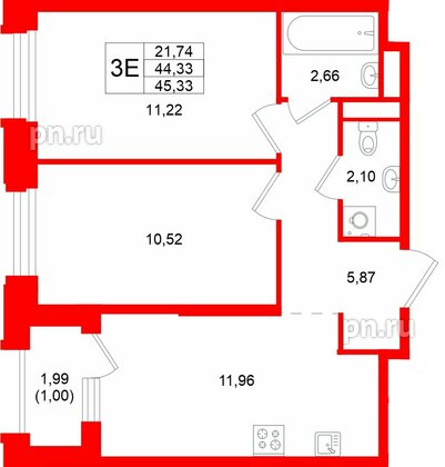Квартира в ЖК «Кольский», 2 комнатная, 45.33 м², 3 этаж