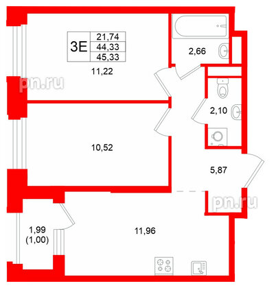 Квартира в ЖК GloraX Кольский, 2 комнатная, 45.33 м², 7 этаж