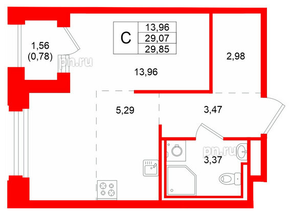 Квартира в ЖК GloraX Кольский, студия, 29.85 м², 14 этаж