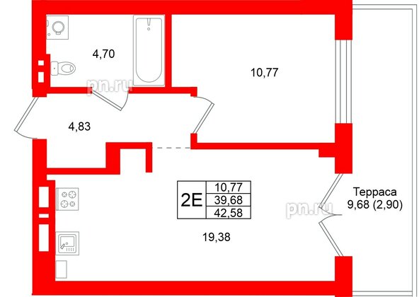 Квартира в ЖК «Включи», 1 комнатная, 42.58 м², 1 этаж