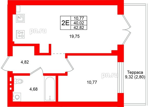 Квартира в ЖК «Включи», 1 комнатная, 42.82 м², 1 этаж