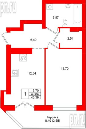 Квартира в ЖК «Включи», 1 комнатная, 43.39 м², 1 этаж