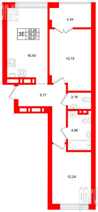Квартира в ЖК «Включи», 2 комнатная, 62.87 м², 7 этаж