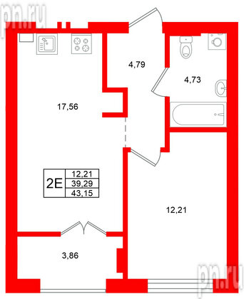 Квартира в ЖК «Включи», 1 комнатная, 43.15 м², 7 этаж