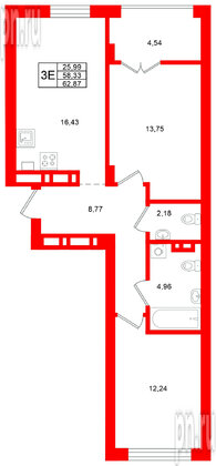 Квартира в ЖК «Включи», 2 комнатная, 62.87 м², 5 этаж