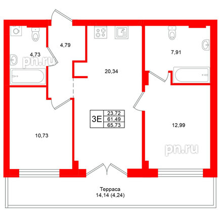 Квартира в ЖК «Включи», 2 комнатная, 65.73 м², 1 этаж