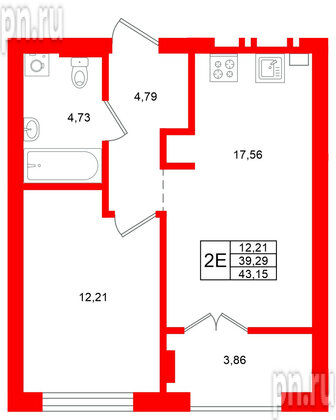 Квартира в ЖК «Включи», 1 комнатная, 43.15 м², 7 этаж