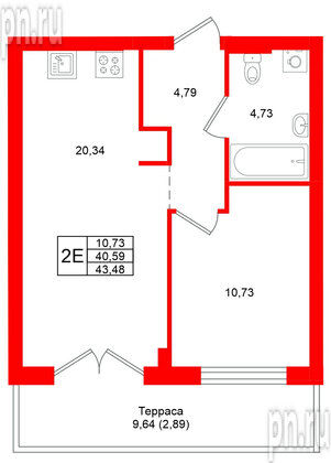 Квартира в ЖК «Включи», 1 комнатная, 43.48 м², 1 этаж