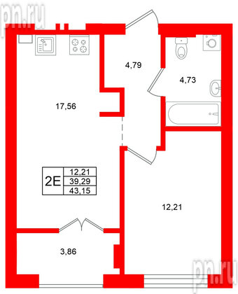 Квартира в ЖК «Включи», 1 комнатная, 43.15 м², 6 этаж