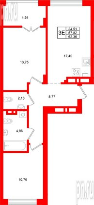 Квартира в ЖК «Включи», 2 комнатная, 62.36 м², 4 этаж
