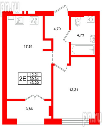Квартира в ЖК «Включи», 1 комнатная, 43.2 м², 2 этаж