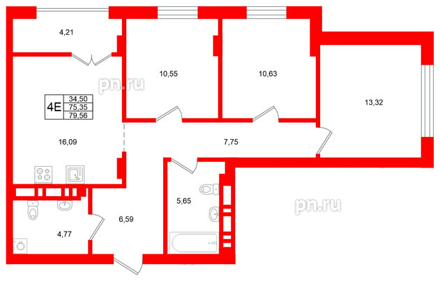 Квартира в ЖК «Включи», 3 комнатная, 79.56 м², 2 этаж