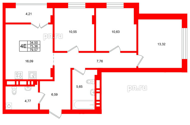 Квартира в ЖК «Включи», 3 комнатная, 79.57 м², 7 этаж