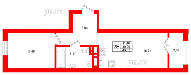 Квартира в ЖК «Включи», 1 комнатная, 43.57 м², 4 этаж