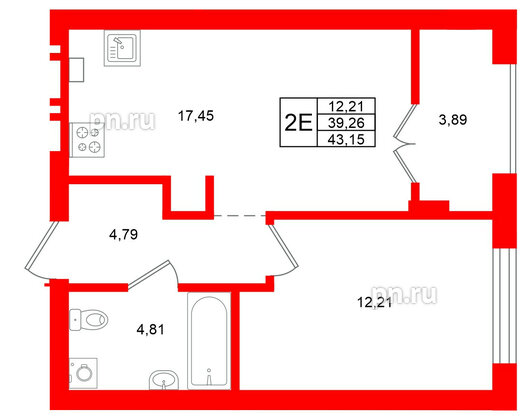 Квартира в ЖК «Включи», 1 комнатная, 43.15 м², 2 этаж