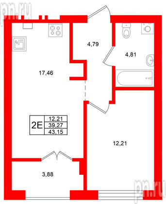 Квартира в ЖК «Включи», 1 комнатная, 43.15 м², 2 этаж