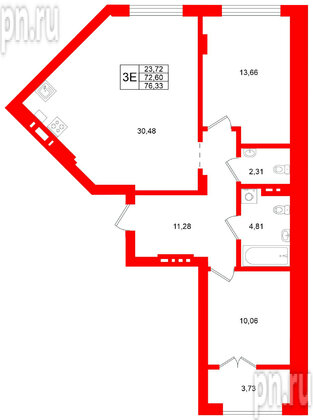 Квартира в ЖК «Включи», 2 комнатная, 76.33 м², 2 этаж