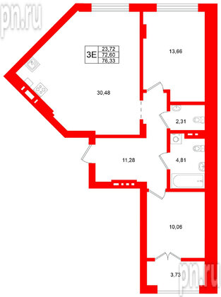 Квартира в ЖК «Включи», 2 комнатная, 76.33 м², 3 этаж