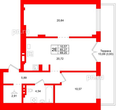 Квартира в ЖК «Включи», 1 комнатная, 69.2 м², 1 этаж
