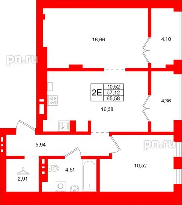 Квартира в ЖК «Включи», 1 комнатная, 65.58 м², 2 этаж