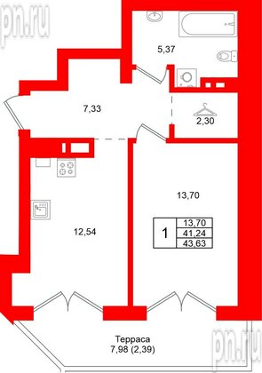 Квартира в ЖК «Включи», 1 комнатная, 43.63 м², 1 этаж