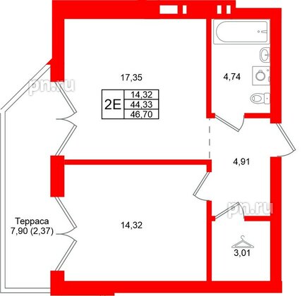 Квартира в ЖК «Включи», 1 комнатная, 46.7 м², 1 этаж