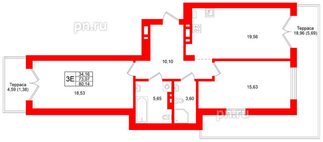 Квартира в ЖК «Включи», 2 комнатная, 80.14 м², 1 этаж