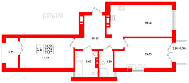 Квартира в ЖК «Включи», 2 комнатная, 74.77 м², 4 этаж